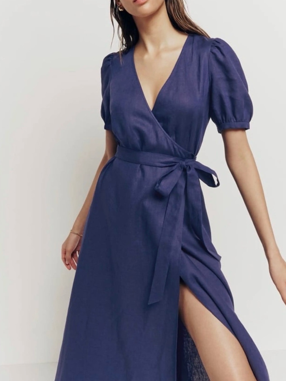 Reformation 100% Linen Navy Wrap Maxi Dress Puff Sleeve Size Small